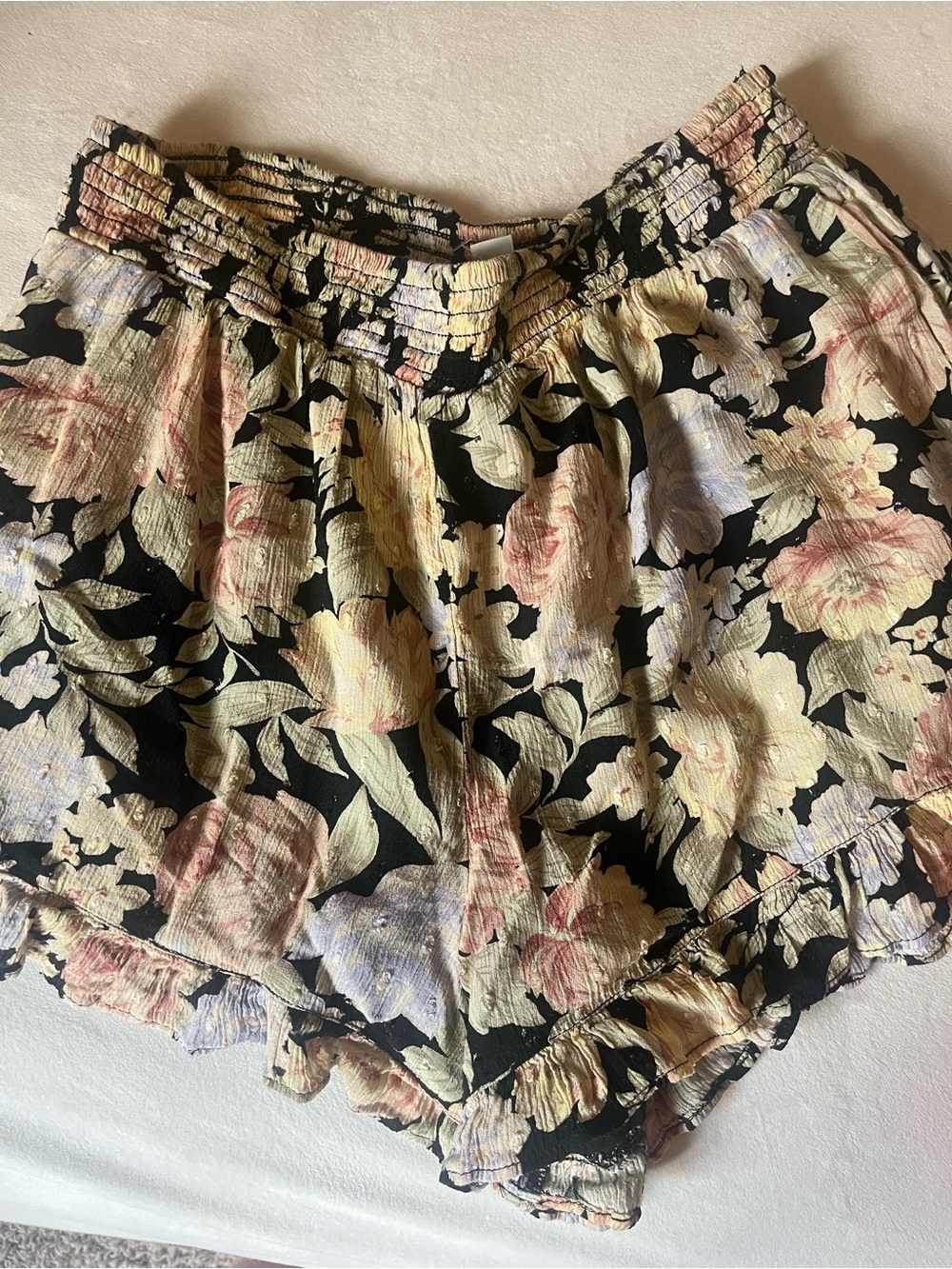 Women’s Floral Ruffle Shorts - Black with Pastel Floral